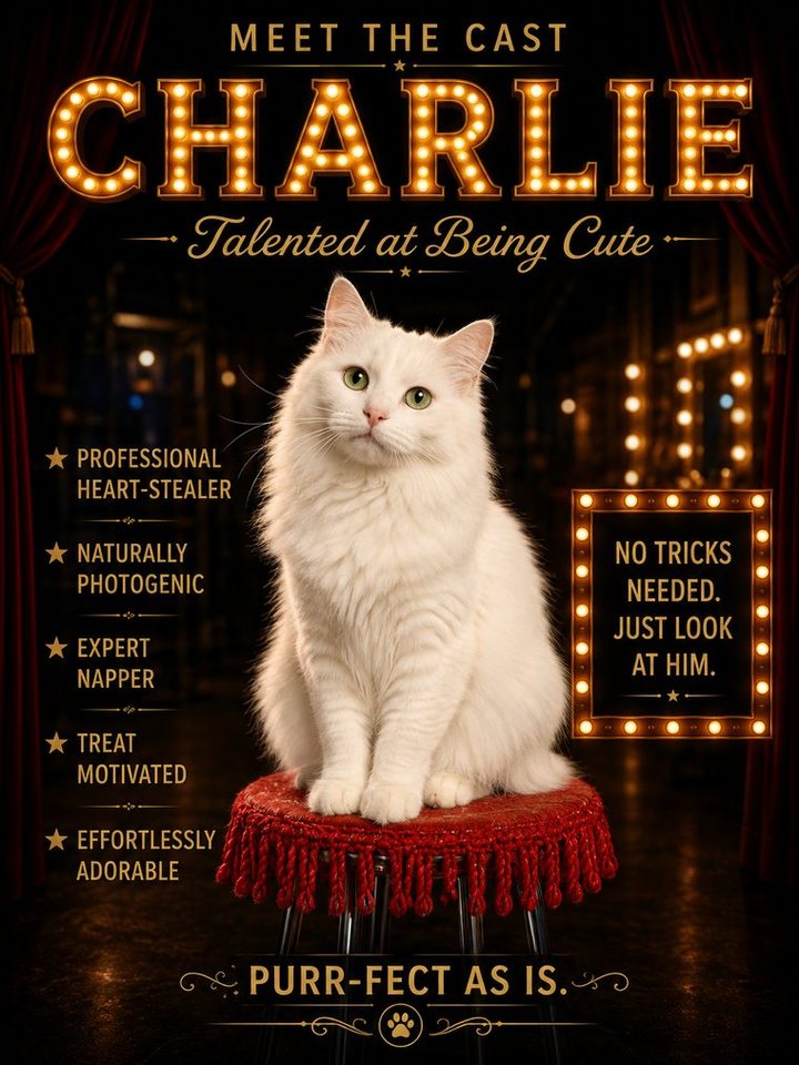 Charlie, the white cast cat, on his meet-the-cast poster