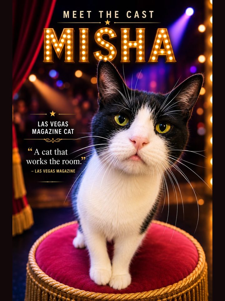 Misha, the black-and-white cast cat, posing on a circus drum