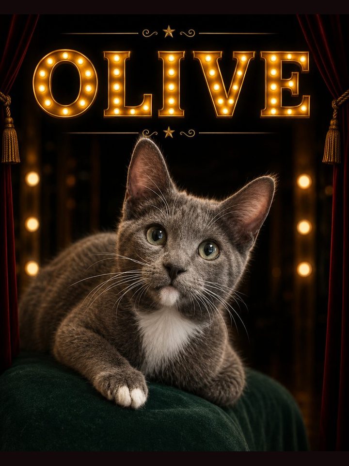 Olive, a grey cast cat, posing on green velvet